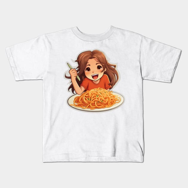 Cute Girl Eating Spaghetti Kids T-Shirt by Riverside-Moon